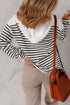 Textured Stripe Notched Button Tab V Neck Drop Shoulder Long Sleeve Top
